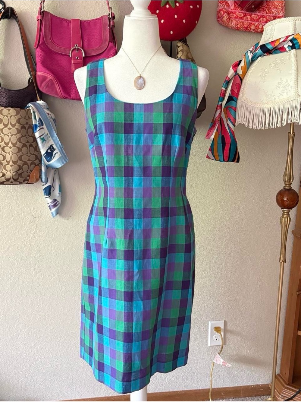 Jessica Howard Teal & Purple Plaid Sleeveless Midi Dress